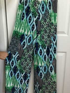 Wide Leg Patterned Palazzo Pants in Green & Blue